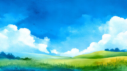 Serene landscape with rolling green hills under blue sky