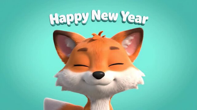 Cute 3D cartoon fox character celebrating Happy New Year with festive 3D text on a blue background. Ideal for holiday greetings, social media marketing, and seasonal website banners.