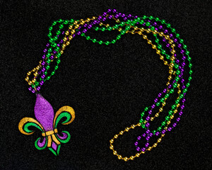 Mardi Gras beads with Fleur de lis, in glittering green, purple, and gold. Sparkling festive background for Mardi Gra in traditional colors.