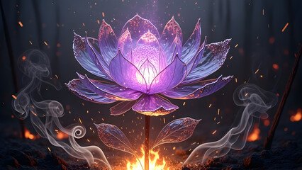 Magical glow purple glass flower bloom with fire spark fantastical transform