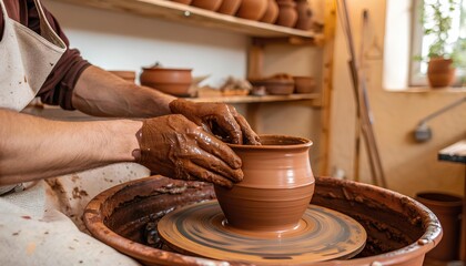 Close-up of hands shaping a rustic terracotta ceramic pot on a pottery wheel, highlighting rough clay texture, finger-formed ridges, and warm artisanal craftsmanship in a traditional pottery workshop 