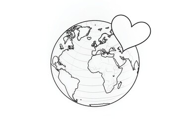 Black and white globe with heart symbol, continents outlined for coloring or illustration.