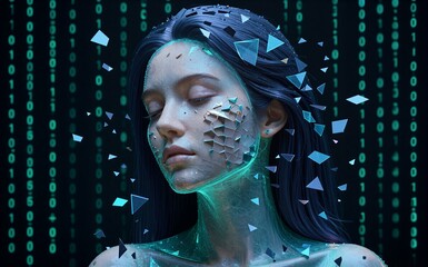 Digital woman with shattered face, binary code background, futuristic cyberpunk aesthetic.