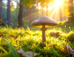 A singular mushroom bathed in sunlight within a vibrant, mossy forest environment. The sun rays burst through the trees, illuminating the scene