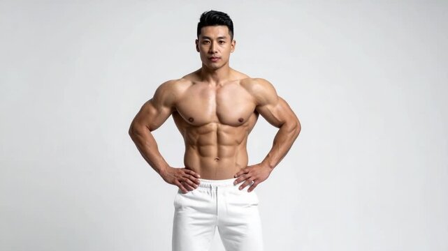 Muscular Asian man with strong physique posing confidently in studio