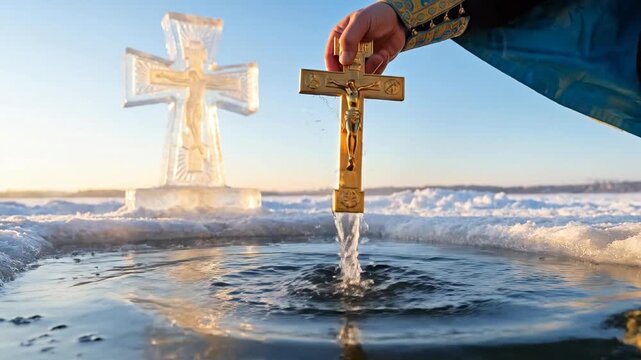 Golden Crucifix Dipped in Ice Hole for Holy Water Consecration, depicting Russian Orthodox Epiphany Ritual and Religious Winter Tradition for Cultural and Spiritual Websites, Blogs, and Education