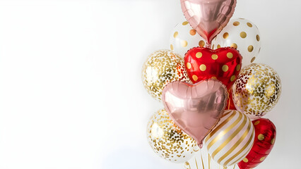 Bunch of red and rose gold heart shaped foil balloons with gold confetti and polka dot latex balloons on white background for Valentine's Day party celebration decoration with copy space
