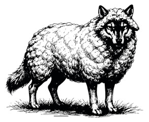 Naklejka premium Hand drawn line art illustration of a wolf in sheep's clothing depicting deception for fables and metaphorical design