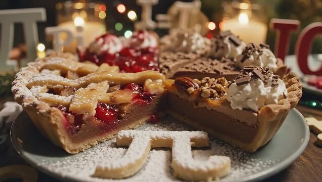 Delicious pies on a plate with a pi symbol, celebrating Pi Day with festive lights in the background.