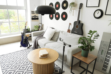 Interior of living room with sofa, vinyl disks and guitars