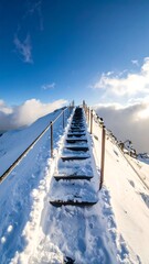 Obraz premium A snow-covered staircase leads up to the clouds on a sunny day