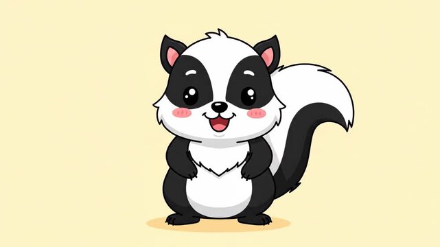 Adorable cartoon skunk character standing with a fluffy tail and rosy cheeks on a soft yellow background ideal for children's educational videos, nature animations, and cute wildlife stories.