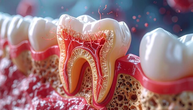 Detailed cross-section illustration of a human tooth, showcasing internal structures and dental health.
