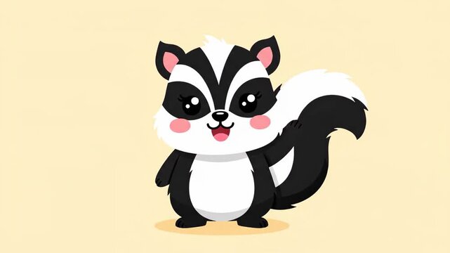 Cute animated skunk character waving hello with a happy smile and pink cheeks on a beige background, ideal for kids education, forest animal cartoons, and cheerful greeting animations for children