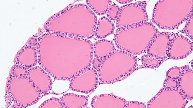 Microscopic view of normal thyroid gland tissue showing numerous colloid-filled follicles lined by cuboidal epithelial cells, stained with H&E.