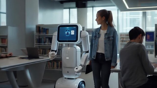 Young woman interacting with robot assistant in modern library  