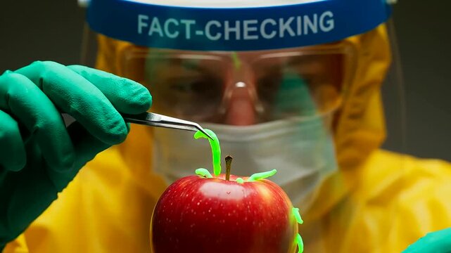 A fact-checker meticulously removes glowing green tendrils from an apple using tweezers, symbolizing the vital process of truth verification essential for the Digital Literacy Evolution.