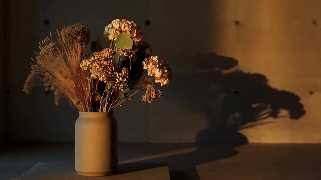 Dried flowers in a beige vase casting shadows in warm evening light  