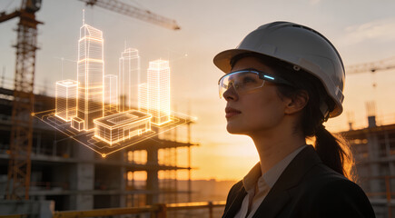 Female Civil Engineer Using Augmented Reality Hologram to Plan Skyscrapers at Construction Site During Sunset - Futuristic Technology Concept