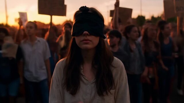 Young woman blindfolded at protest during sunset with crowd behind  