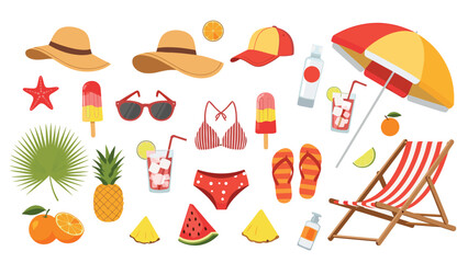 Comprehensive collection of summer vacation essentials including beach hats and sunglasses with tropical drinks and a lounge chair.