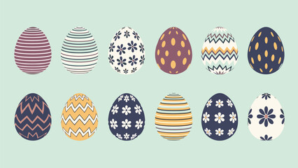 Comprehensive collection of twelve colorful easter eggs featuring various patterns like stripes and flowers on a light green base.