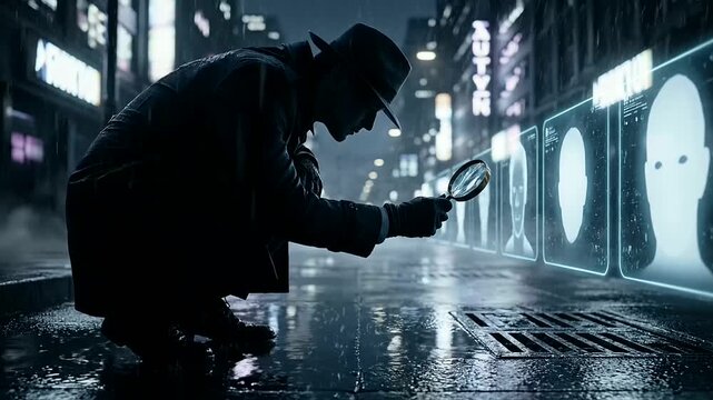 A shadowy detective scrutinizes digital profiles on a glowing, rainy street, reflecting the profound challenges and advancements in the Digital Literacy Evolution era.