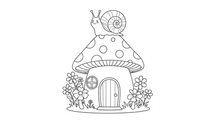 Adorable little snail sitting on the roof of a polka dot mushroom house surrounded by flowers for a kids coloring page.