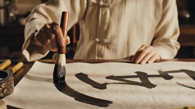 Woman practicing traditional Chinese calligraphy at wooden table