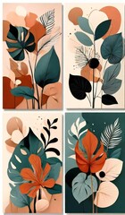 Abstract botanical art collection with tropical leaves and organic shapes