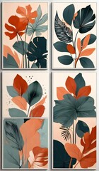 Four abstract floral panels with warm earthy tones and tropical leaves