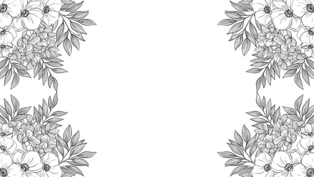 Elegant floral frame illustration with detailed black and white rose and leaf bouquets in the four corners.