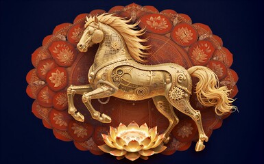 Golden mechanical horse surrounded by lotus flowers on ornate red circular background.
