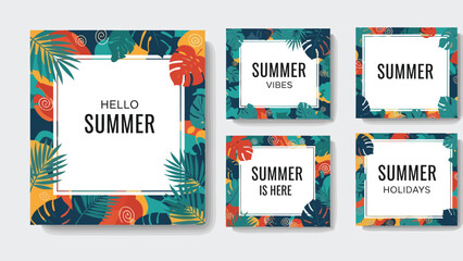 Collection of five vibrant summer themed graphic templates with tropical leaves and text like hello summer and vibes.