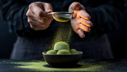Matcha Mochi Balls being dusted by hands under dramatic lighting perfect for dessert menus, cooking blogs, gourmet advertising, and Asian food promotion
