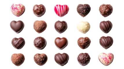 Delicious valentine's day chocolate hearts, assorted flavors, isolated on transparent background
