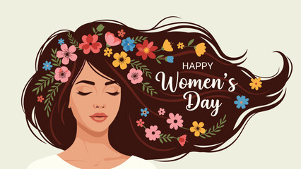 Beautiful woman with long dark hair decorated with various colorful spring flowers celebrates happy international womens day on march 8.