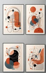 Four framed abstract art pieces with organic shapes and lines in warm tones