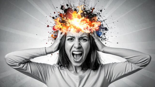 Woman with exploding head, screaming in frustration, overwhelmed, stress, mental breakdown