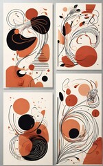 Four abstract geometric and organic shapes with swirling lines in orange and black