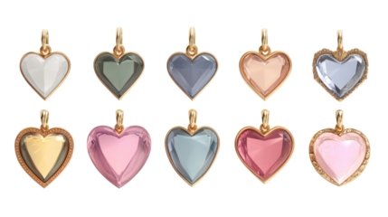 Colorful heart pendants, valentine's jewelry, love charms, transparent background