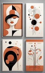 Four framed abstract artworks with orange and black color palette