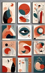 Collection of modern abstract art paintings with organic shapes and bold colors