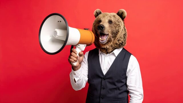Bear Head Man Shouting Through Megaphone on Red Background