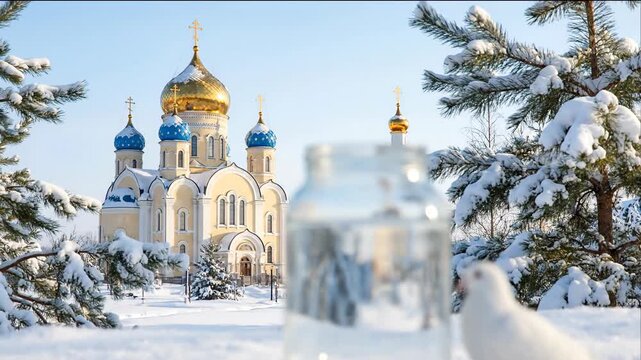 Orthodox Holy Water in Glass Jar, White Dove and Golden Church in Winter Snow. Christian Purity Symbol for Religious Blogs, Epiphany Awareness, Spiritual Education, Faith Websites.