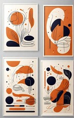 Four framed abstract mid century modern art prints with organic shapes and warm colors