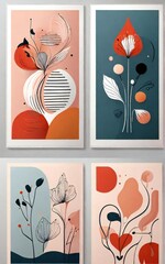 Four abstract floral paintings with organic shapes and modern design