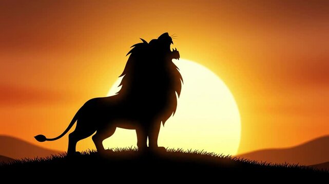 A powerful cartoon lion silhouette is dramatically roaring atop a savanna hill against a vibrant golden sunset.