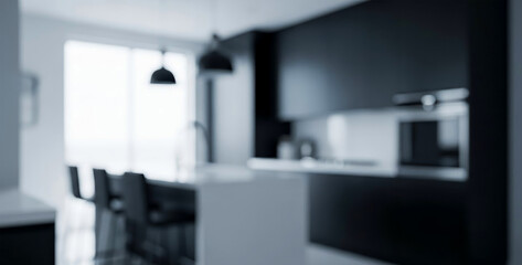Blurry modern kitchen interior with dark cabinets and bright window light, creating a moody yet warm atmosphere with soft contrast and contemporary residential design