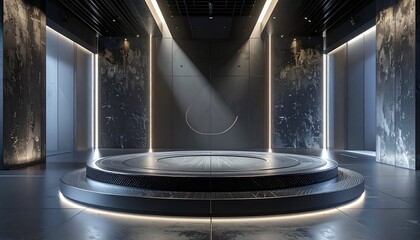 Modern, sleek stage in an interior with dramatic lighting and a stage